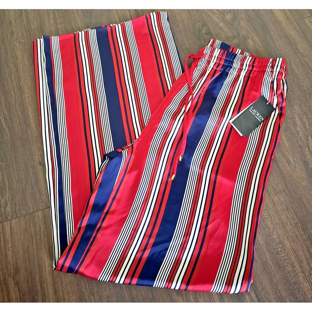 Lauren Ralph Lauren Women's Striped Satin Charmeuse Wide-Leg Pants Red Navy M - Picture 6 of 11